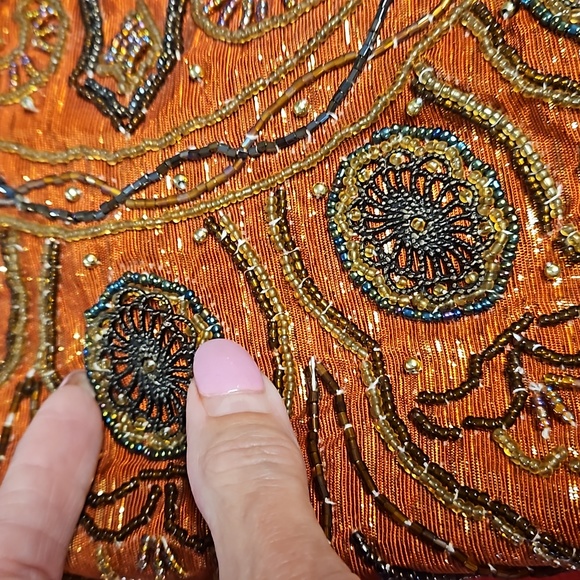 Vintage beaded metal and lurex accents bamboo handle purse clutch bag - Picture 5 of 15